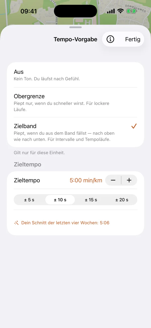 Tempo-Vorgabe: die Wahl zwischen Aus, Obergrenze und Zielband, darunter das Zieltempo von 5:00 min/km mit einer Toleranz von zehn Sekunden und der Hinweis auf den eigenen Schnitt von 5:06.