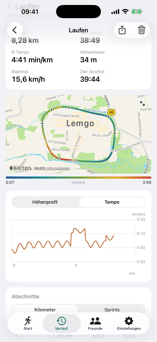Eine Einheit im Detail: Kennzahlen zu Tempo und Höhenmetern, die tempo-eingefärbte Karte der Strecke und der Tempoverlauf über die Kilometer.